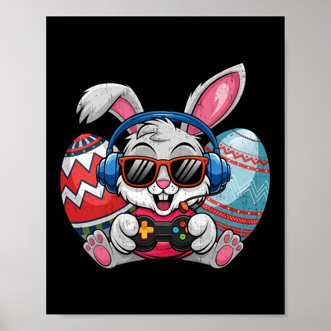 Happy Easter Day Cute Bunny Playing Video Game Kid Poster (Front)