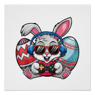 Happy Easter Day Cute Bunny Playing Video Game Kid Poster