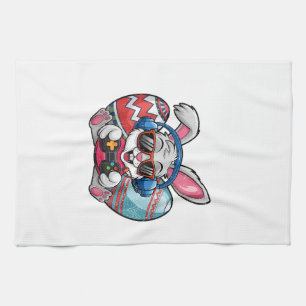 Happy Easter Day Cute Bunny Playing Video Game Kid Tea Towel