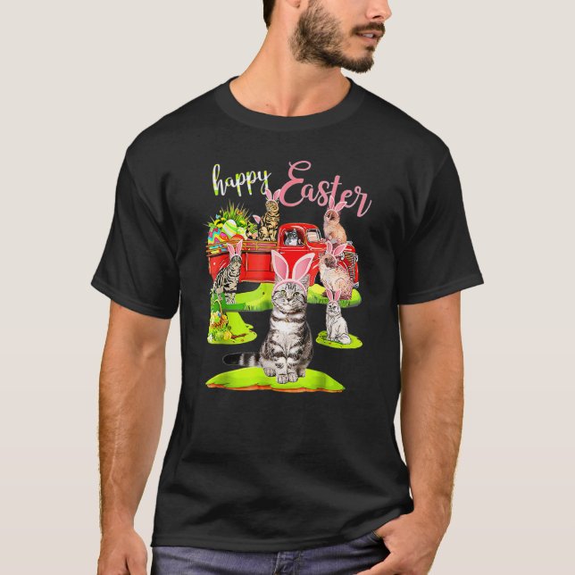 Happy Easter Day Cute Cat Riding Red Truck Love Bu T-Shirt (Front)