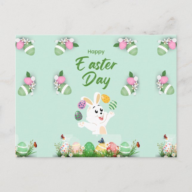 Happy Easter day- Funny Bunny And Eggs Easter      Holiday Postcard (Front)