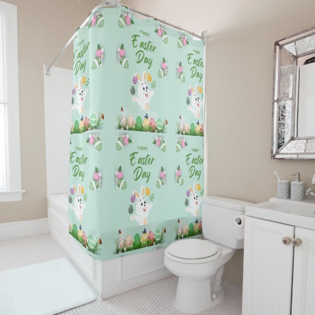 Happy Easter day- Funny Bunny And Eggs Easter      Shower Curtain (In Situ)