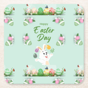 Happy Easter day- Funny Bunny And Eggs Easter Square Paper Coaster