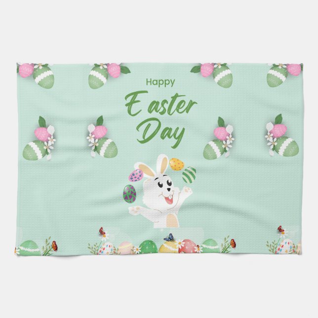 Happy Easter day- Funny Bunny And Eggs Easter      Tea Towel (Horizontal)
