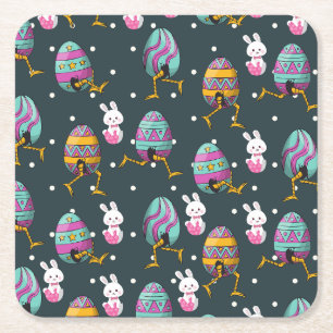 Happy Easter day- Funny Bunny Wishes Pattern Square Paper Coaster