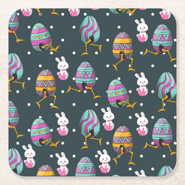Happy Easter day- Funny Bunny Wishes Pattern       Square Paper Coaster (Front)