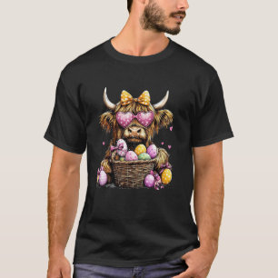 Happy Easter Day Highland Cow Retro Easter Bunny W T-Shirt