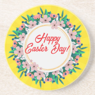 Happy Easter Day With Floral Frame-23046 Coaster