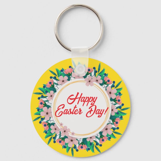 Happy Easter Day With Floral Frame-23046 Key Ring (Front)