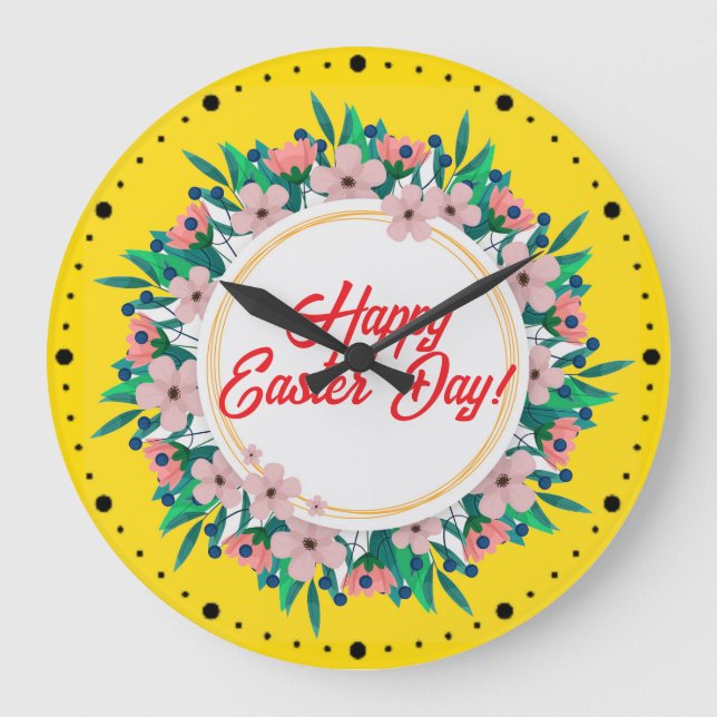 Happy Easter Day With Floral Frame-23046 Large Clock (Front)