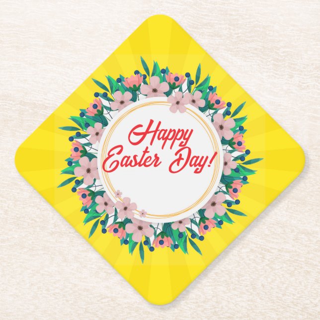 Happy Easter Day With Floral Frame-23046 Paper Coaster (Front)
