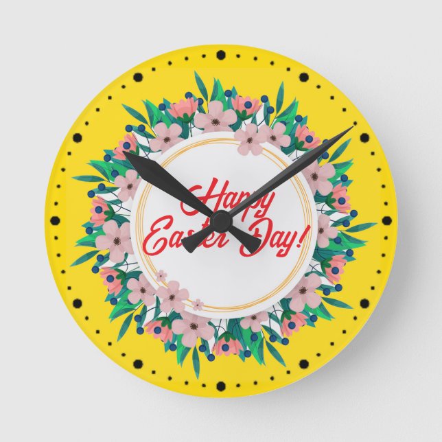 Happy Easter Day With Floral Frame-23046 Round Clock (Front)