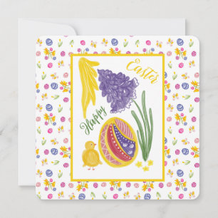 Happy Easter decorated egg, chicken and sun Announcement