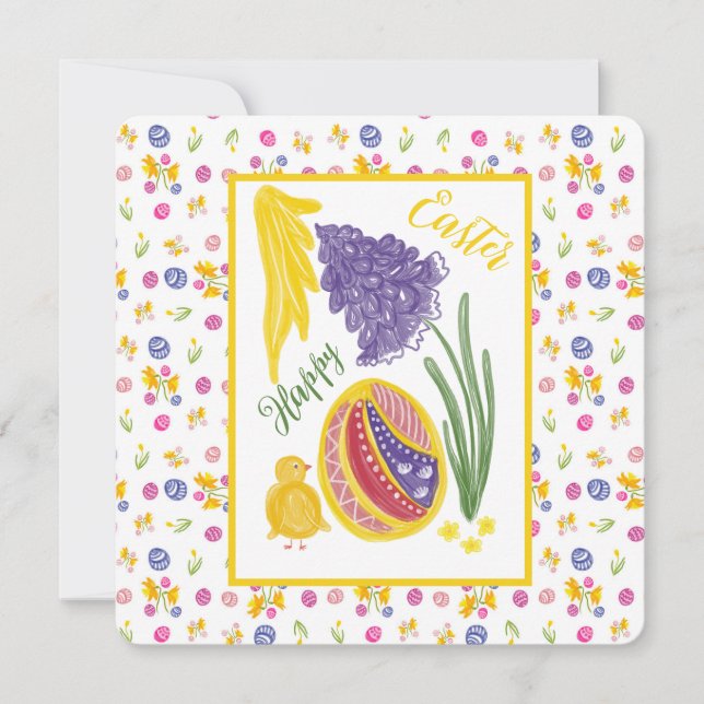 Happy Easter decorated egg, chicken and sun Announcement (Front)