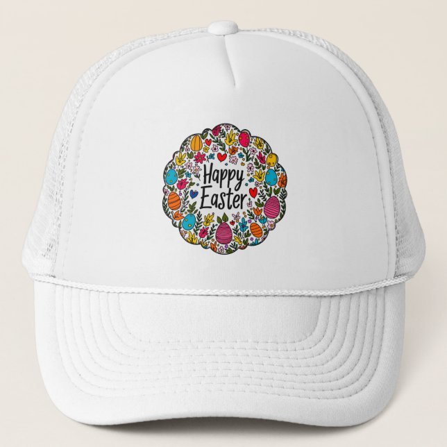 Happy Easter – Decorative Floral Wreath boné Trucker Hat (Front)