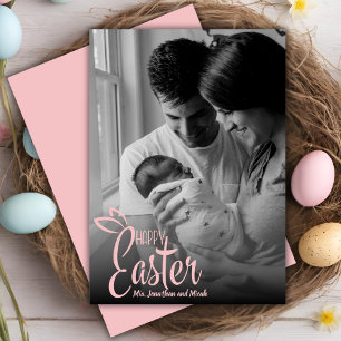 Happy Easter Decorative Pink Script Custom Photo Holiday Card