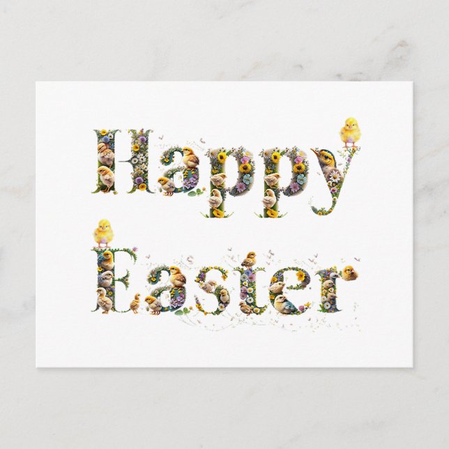 Happy Easter Decorative text Baby Chicks Holiday Postcard (Front)