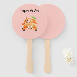 Happy Easter driver bunny on pink Hand Fan