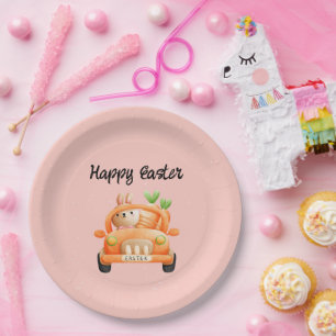 Happy Easter driver bunny on pink Paper Plate
