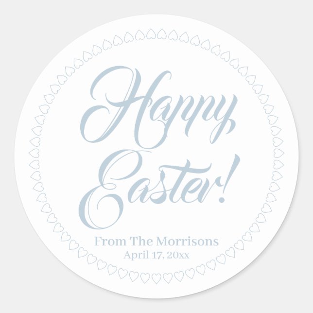 Happy Easter dusty blue heart border custom script Classic Round Sticker (Front)