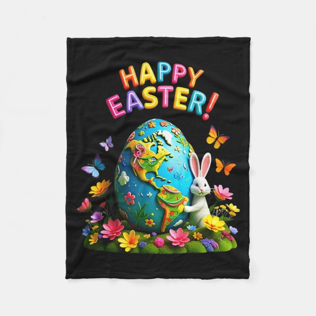 Happy easter earth day 2026 bunny world map easter fleece blanket (Front)