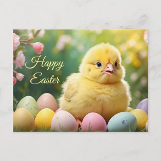 Happy Easter Easter Baby Chick with Painted Eggs  Holiday Postcard