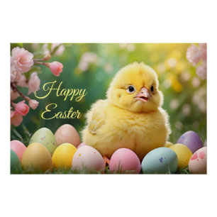 Happy Easter Easter Baby Chick with Painted Eggs  Poster