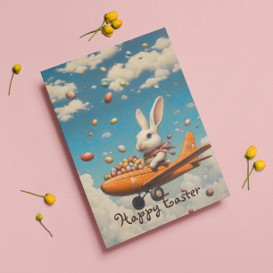 Happy easter, easter bunny flying with eggs   holiday postcard