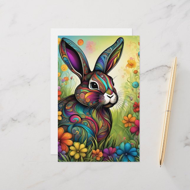 Happy Easter - Easter bunny in flowers Stationery (Front/Back In Situ)