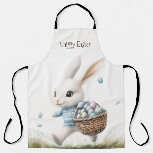 Happy easter, easter bunny walking with eggs   apron