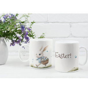 Happy easter, easter bunny walking with eggs coffee mug