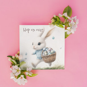 Happy easter, easter bunny walking with eggs invitation