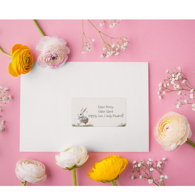 Happy easter, easter bunny walking with eggs   label (Creator Uploaded)