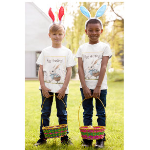 Happy easter, easter bunny walking with eggs   T-Shirt