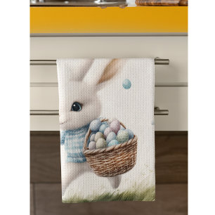 Happy easter, easter bunny walking with eggs   tea towel