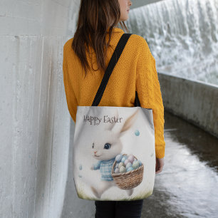 Happy easter, easter bunny walking with eggs   tote bag