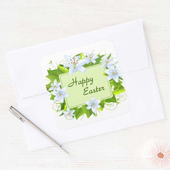 Happy Easter, Easter Lilies Square Sticker (Envelope)