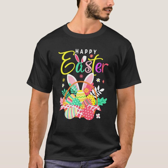 Happy Easter Egg Basket Bunny Ears T-Shirt (Front)