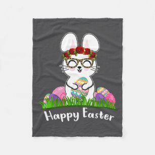 Happy Easter Egg Bunny Flowers Leopard Gles Wom Fleece Blanket