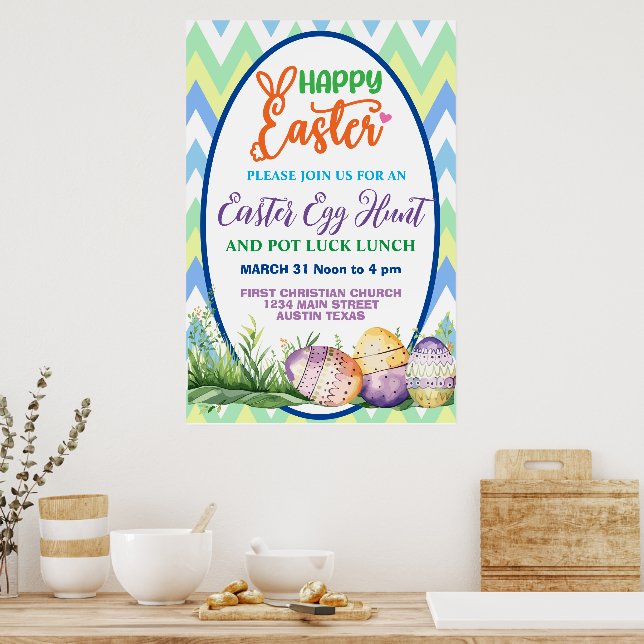 Happy Easter, Egg Hunt and Pot Luck Poster (Kitchen)