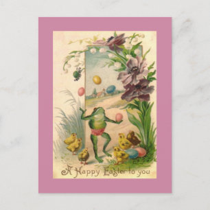 HAPPY EASTER EGG JUGGLING FROG WITH CHICKS HOLIDAY POSTCARD