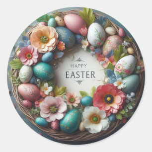 Happy easter egg wreath classic round sticker