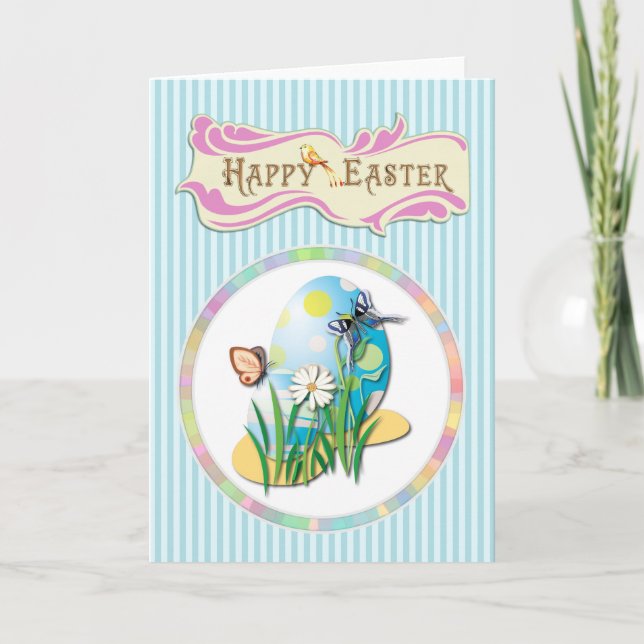 Happy Easter Eggs and Butterflies on Blue Stripes Holiday Card (Front)