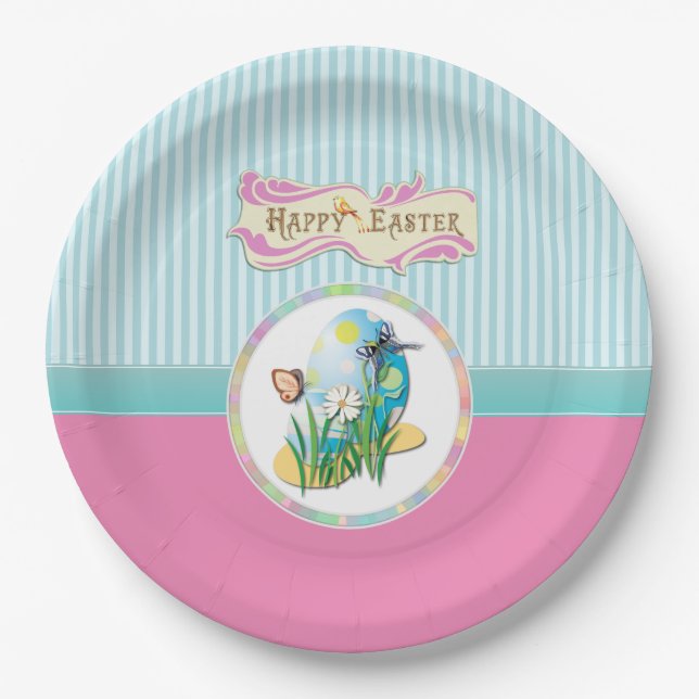 Happy Easter Eggs and Butterflies on Blue Stripes Paper Plate (Front)