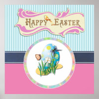 Happy Easter Eggs and Butterflies on Blue Stripes