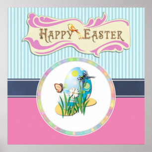 Happy Easter Eggs and Butterflies on Blue Stripes Poster