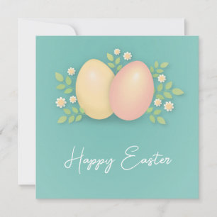 Happy Easter eggs and flowers soft blue 