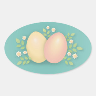 Happy Easter eggs and flowers soft pink yellow  Oval Sticker