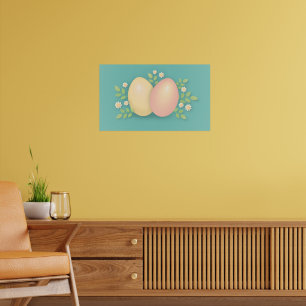 Happy Easter eggs and flowers soft pink yellow Poster