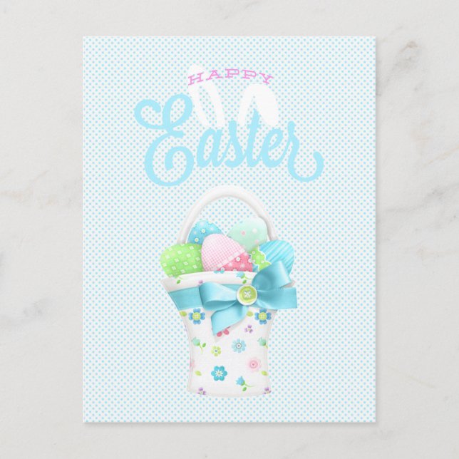 Happy Easter Eggs Basket and Blue Dots Holiday Postcard (Front)